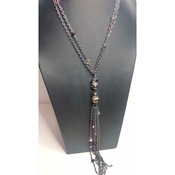 984 CHICO'S  beaded tassel boho AB faceted bead Black statement necklace 28-32" - Picture 1 of 2